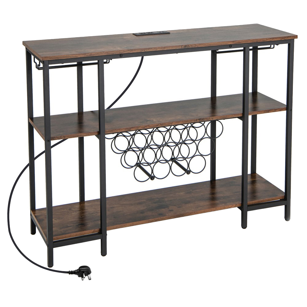 Costway 3 Shelf 15 Bottles Brown Wine Rack with Glass Holder Image 1