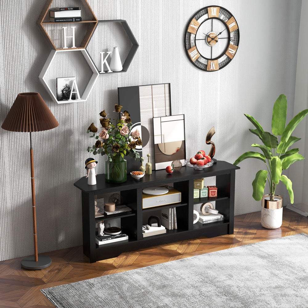 Costway Black TV Stand with 6 Storage Shelves Image 5