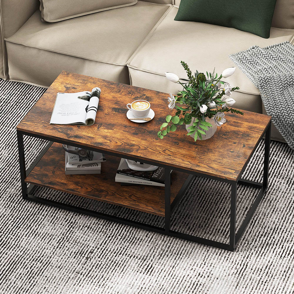 Costway Single Shelf Rustic Brown Industrial Wood Accent Coffee Table Image 4