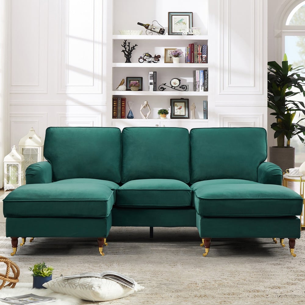 Woodbury 3 Seater Green Velvet U Shape Corner Sofa Image 1