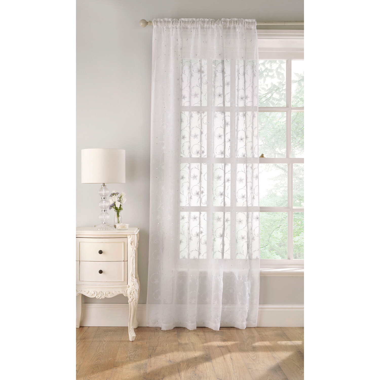 Belle White Embroidered Panel Voile Curtain 137 x 140cm Image 1