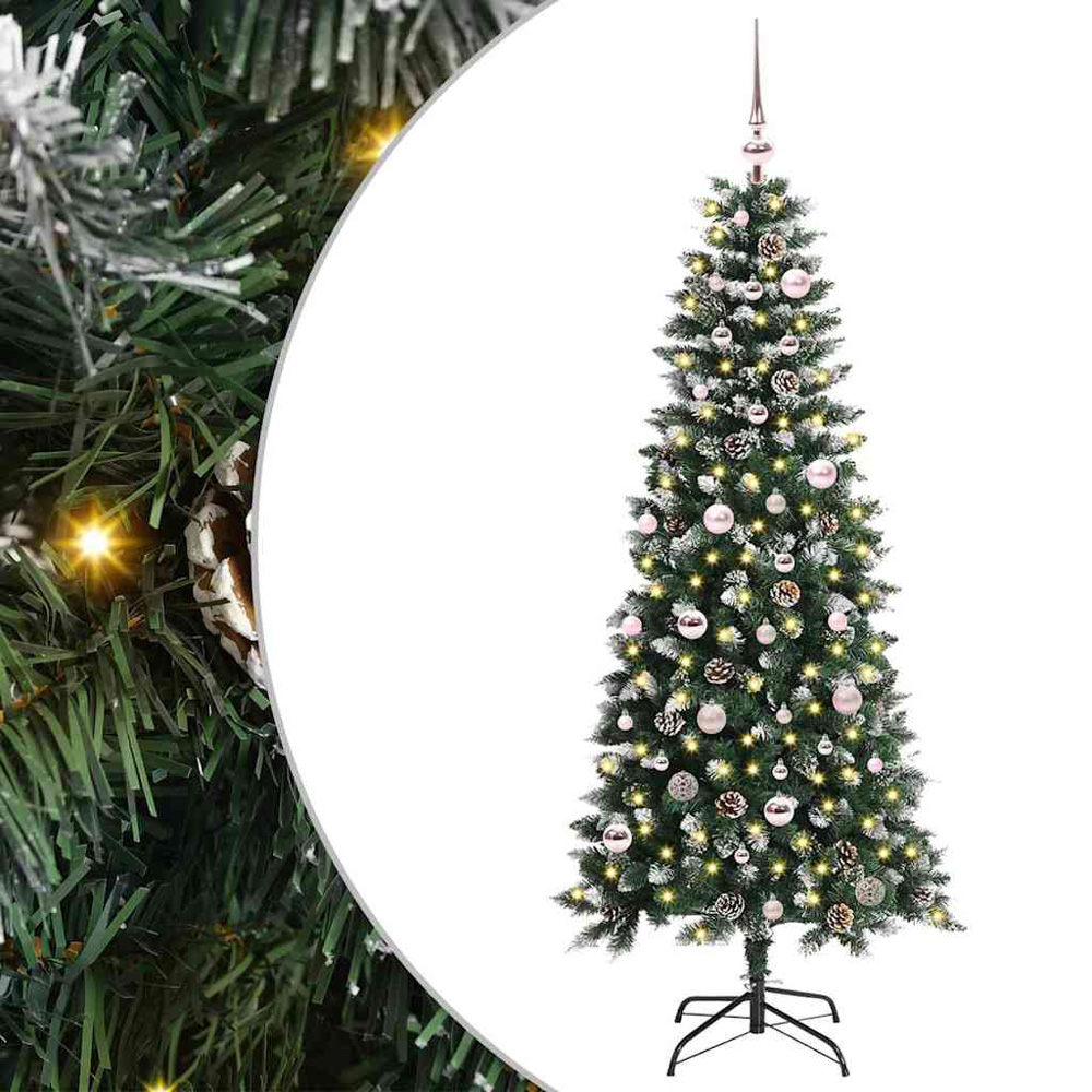 vidaXL Pre-Lit Pink Baubles Green Artificial Snow Tipped Christmas Tree 5ft Image 2
