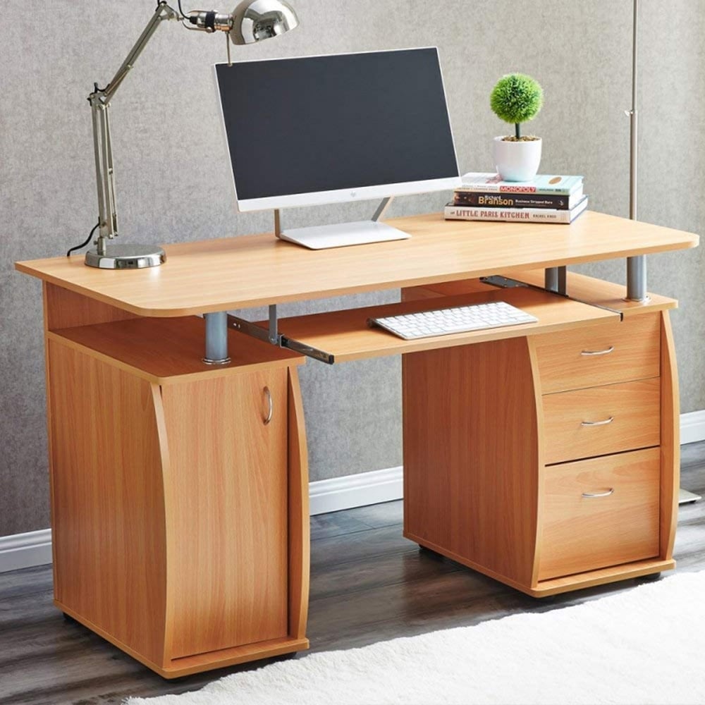 Deluxe Computer Desk with 3 Drawers & Storage Cabinet - Beech Image 1