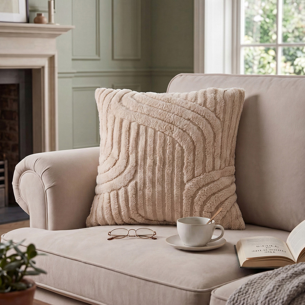 Living and Home Light Brown Minimalist Wavy Geometric Plush Throw Pillow Cover 45 x 45cm Image 2