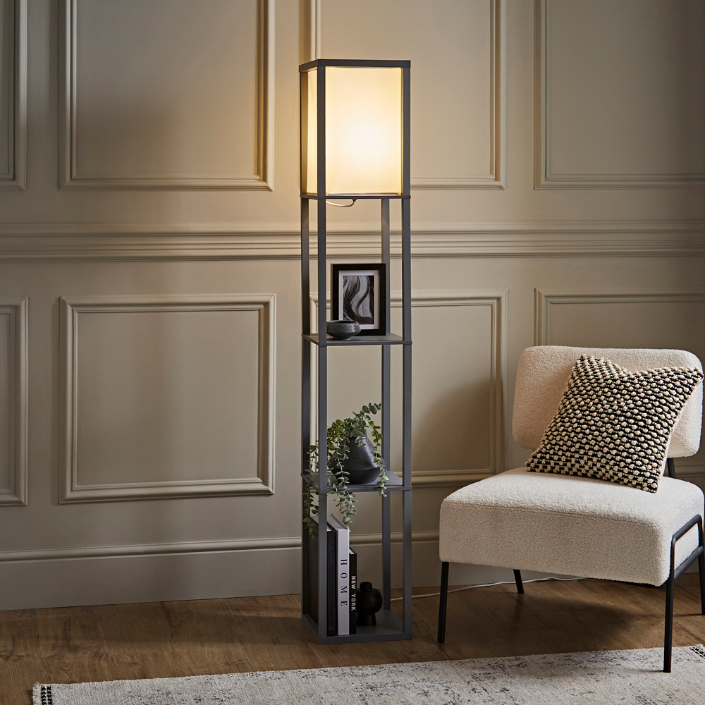 ValueLights Struttura 3 Shelf Fabric Shade Grey Shelving Unit Floor Lamp Image 2
