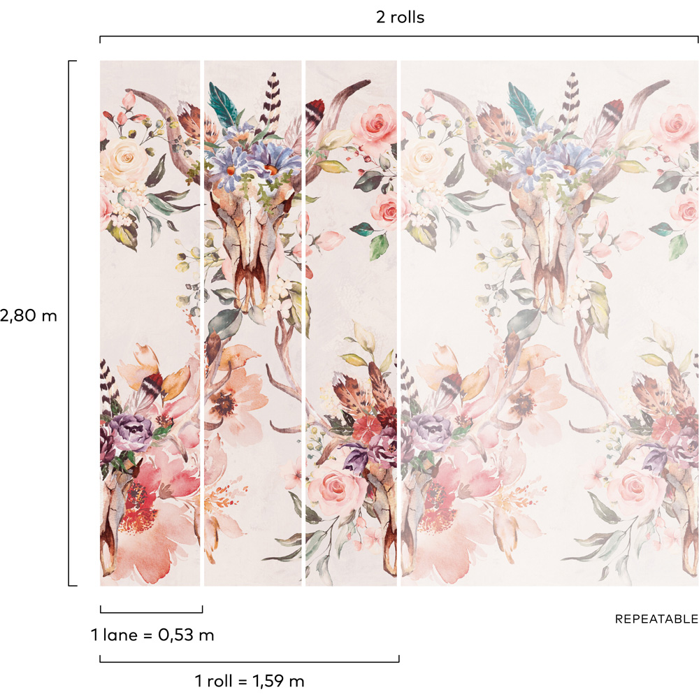 Grandeco Animal Skulls Textured Neutral Pink 3 Panel Wall Mural Image 4