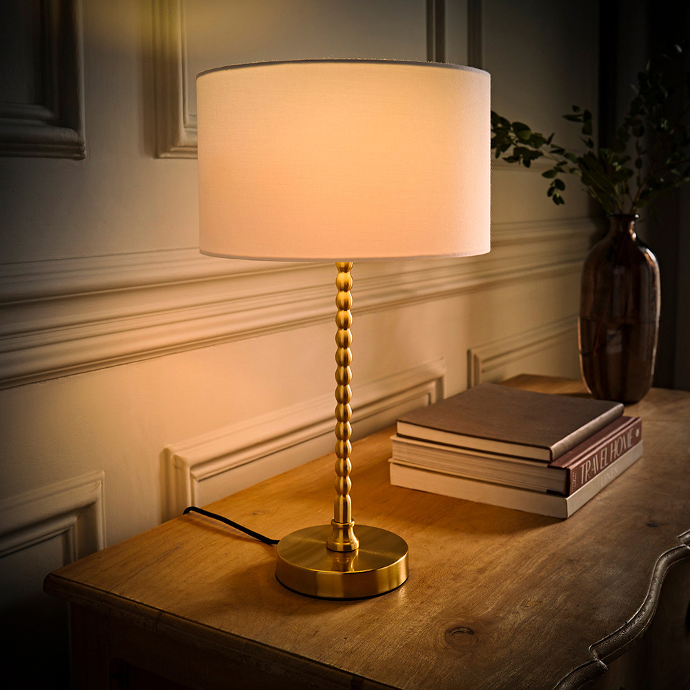 ValueLights Maeve White and Gold Drum Lamp Shade Bobbin Bobble Table Lamp and LED Bulb Image 6