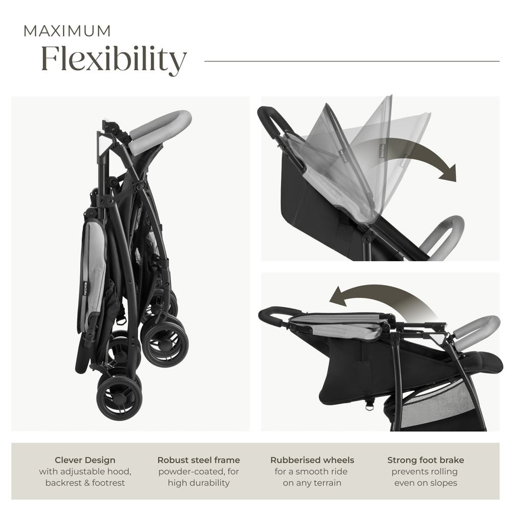 tectake Emma Black and Grey Foldable Pushchair with 5 Point Harness Canopy and Storage Image 3