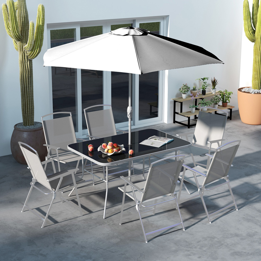 Outsunny 6 Seater Garden Dining Set with Parasol Tempered Glass Top Grey Image 1