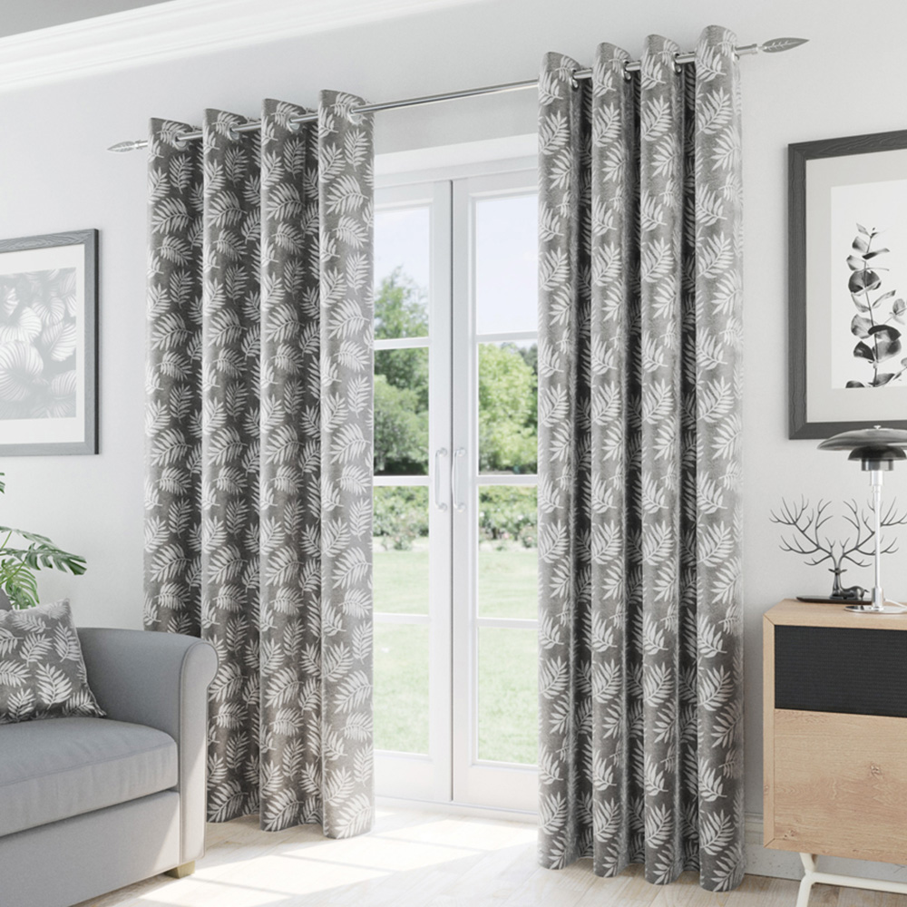 Enhanced Living Oakland Grey Leaf Print Blackout Eyelet Thermal Curtains 168 x 229cm Image 1
