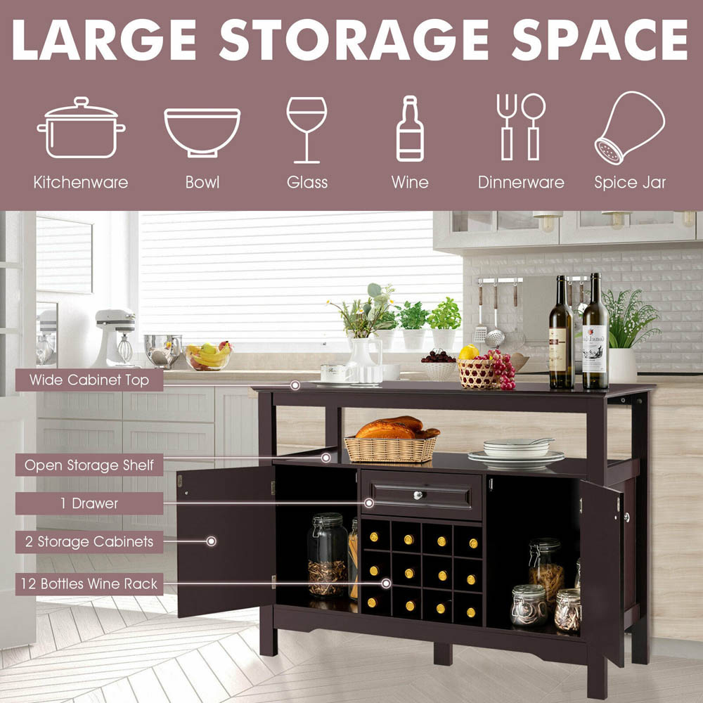 Costway 2 Door Single Drawer Brown Sideboard with 12 Wine Rack Image 8