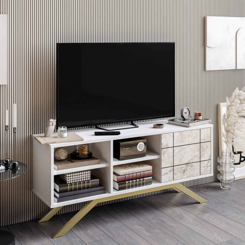 Decorotika North Single Door 4 Shelf White Marble and Gold TV Unit Image 5
