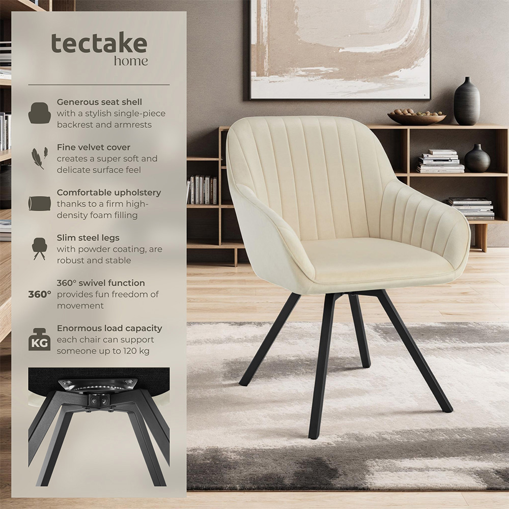 tectake Set of 2 Cream Velvet Fabric Armchair Image 6