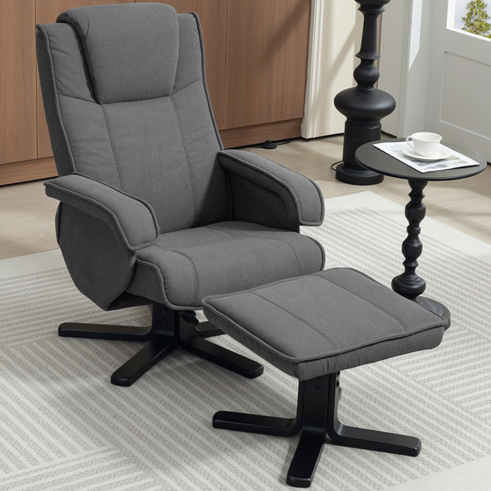 Portland Grey Velvet Upholstered Swivel Rocker Recliner Chair with Footstool Image 1