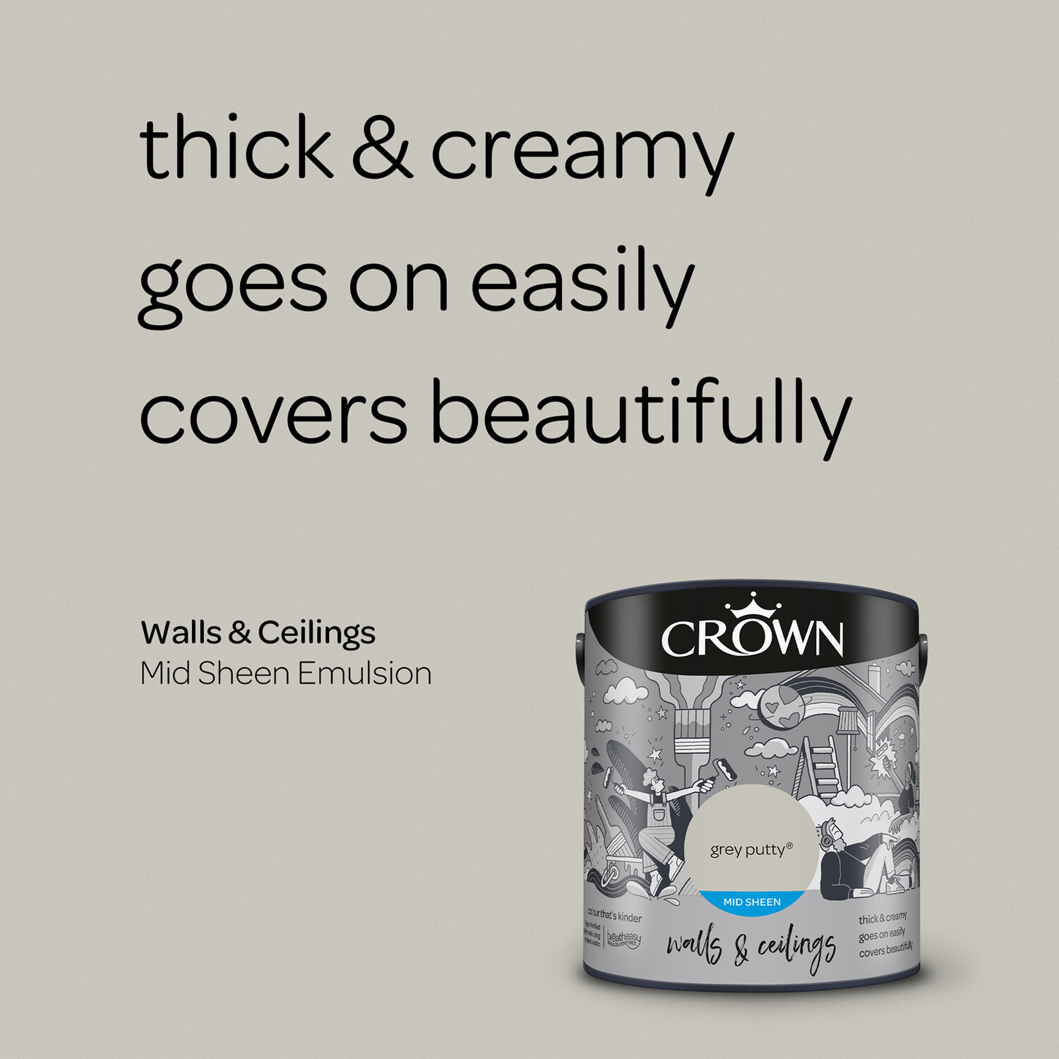 Crown Walls & Ceilings Grey Putty Mid Sheen Emulsion Paint 2.5L Image 8