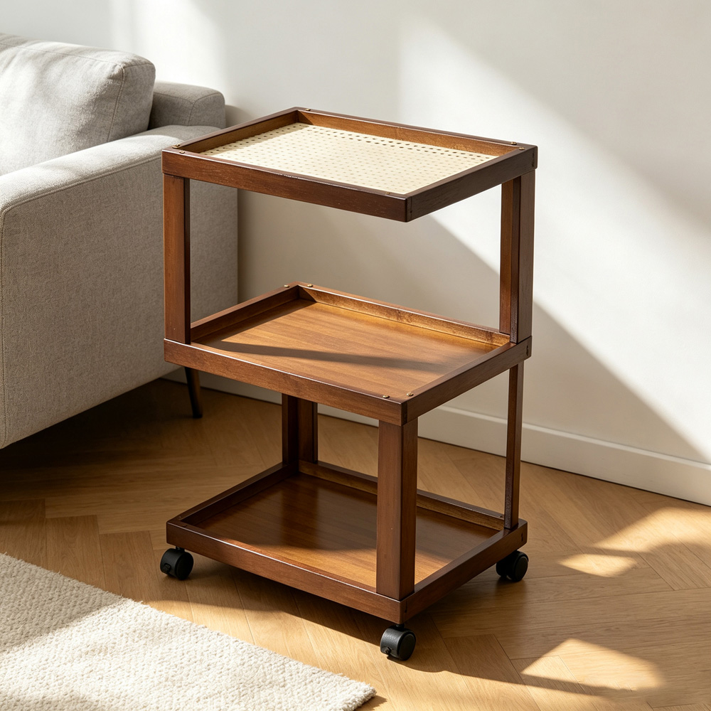Living and Home 3-Tier Brown Bamboo Faux Rattan Top Side Table with Lockable Castors Image 7