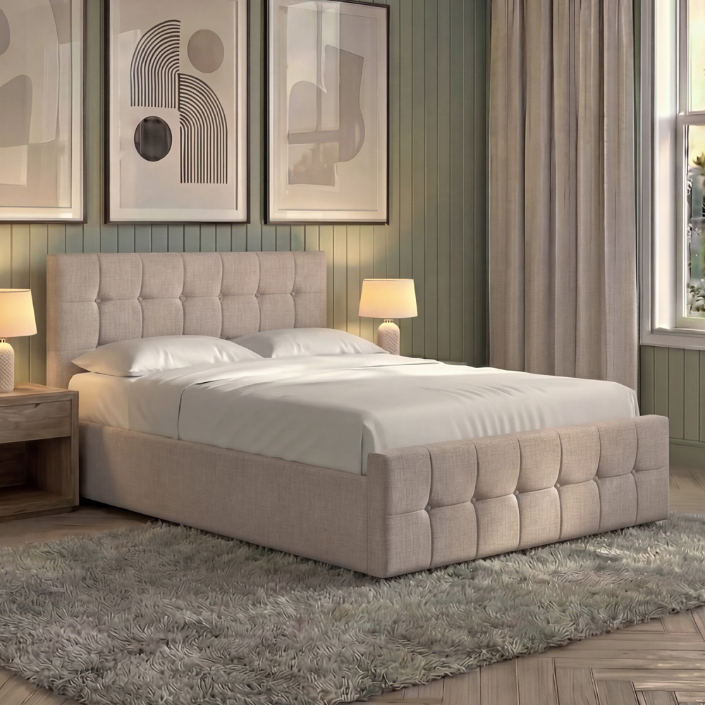 VIDA DESIGNS Valentina Double Beige Linen Ottoman Bed with Padded Headboard Image 1