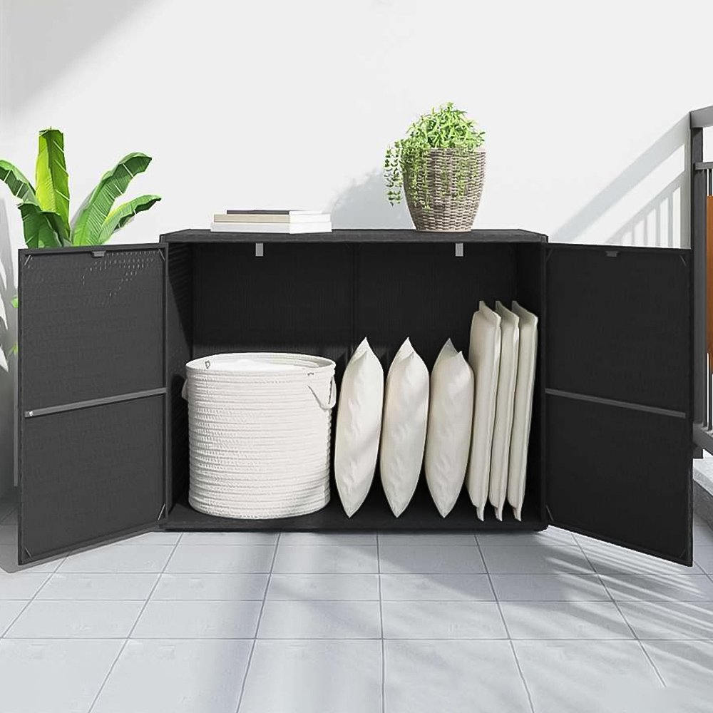 vidaXL 2 Door Black PE Rattan Garden Storage Cabinet Image 1