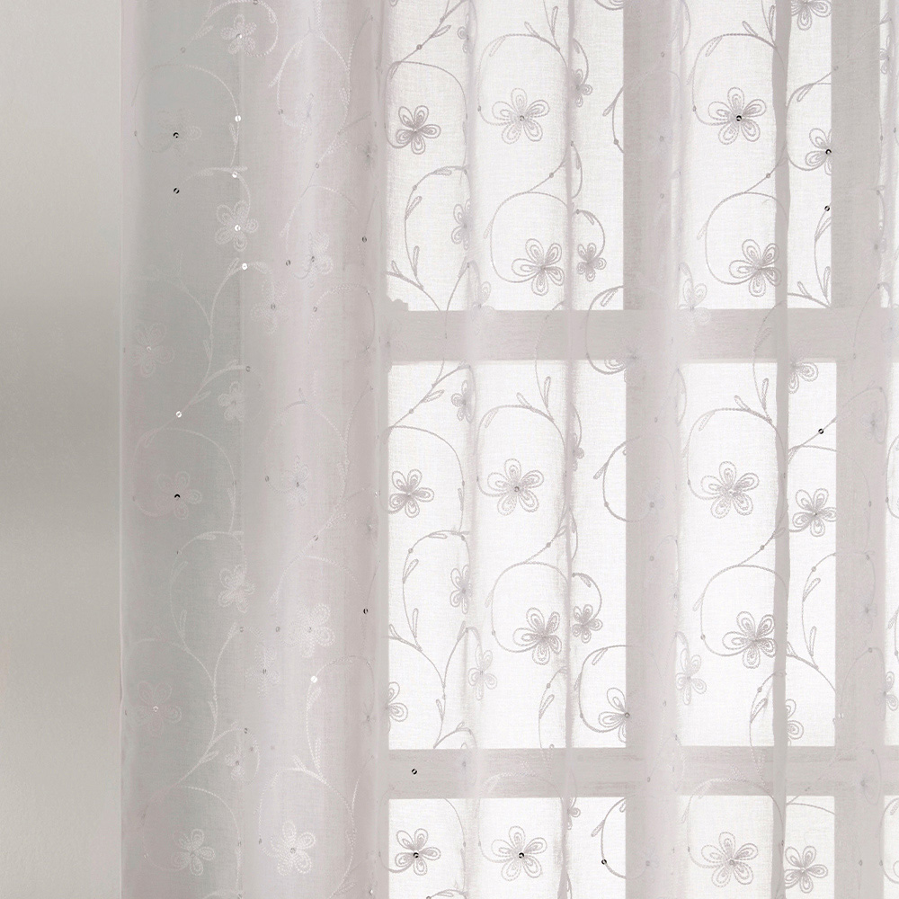Tyrone Textiles Belle White Floral Embroidery Sequins Rod Pocket Voile Panel Curtains 140 x 183cm Image 4