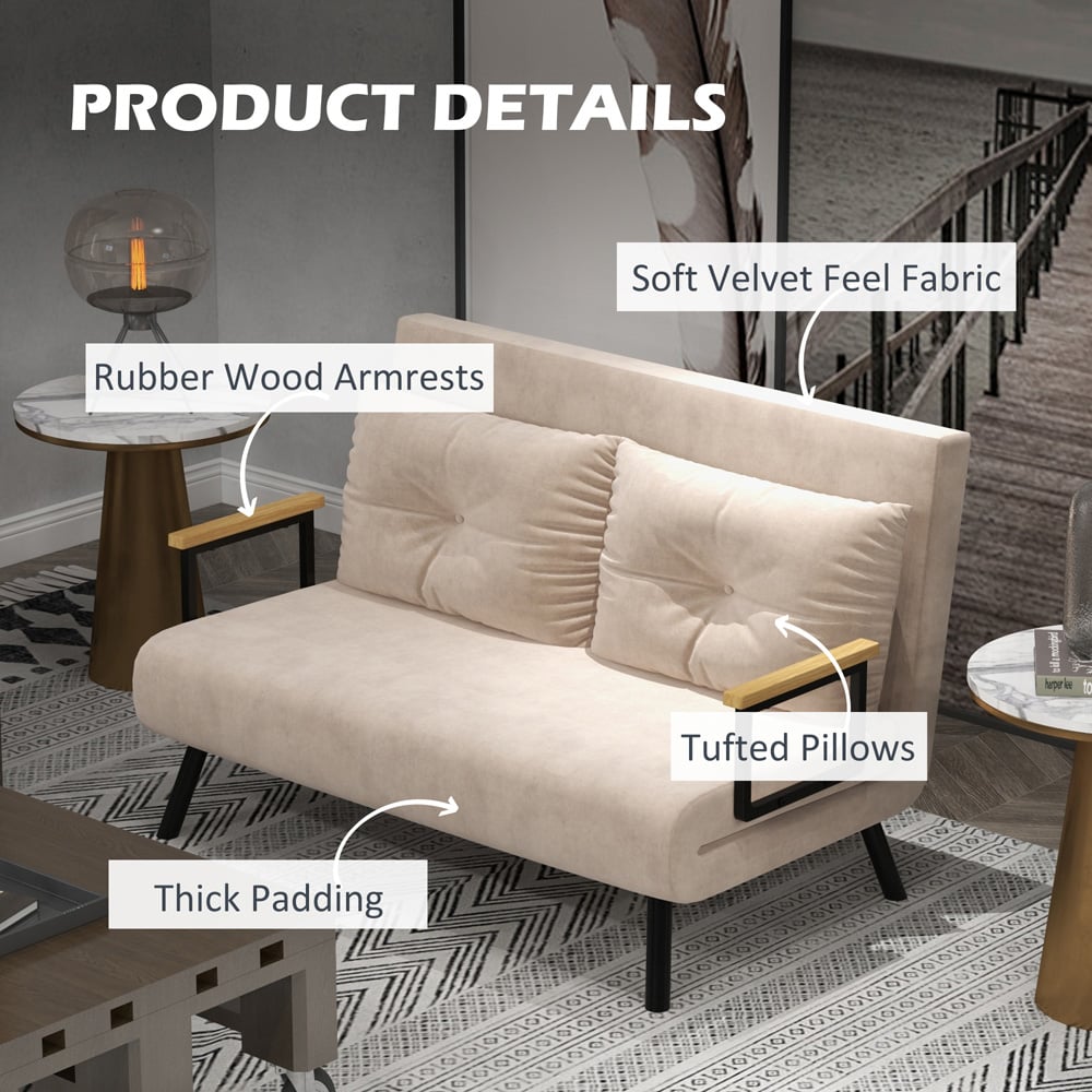 HOMCOM 2 Seater Beige Velvet Feel Fabric Convertible Sofa Bed Image 7
