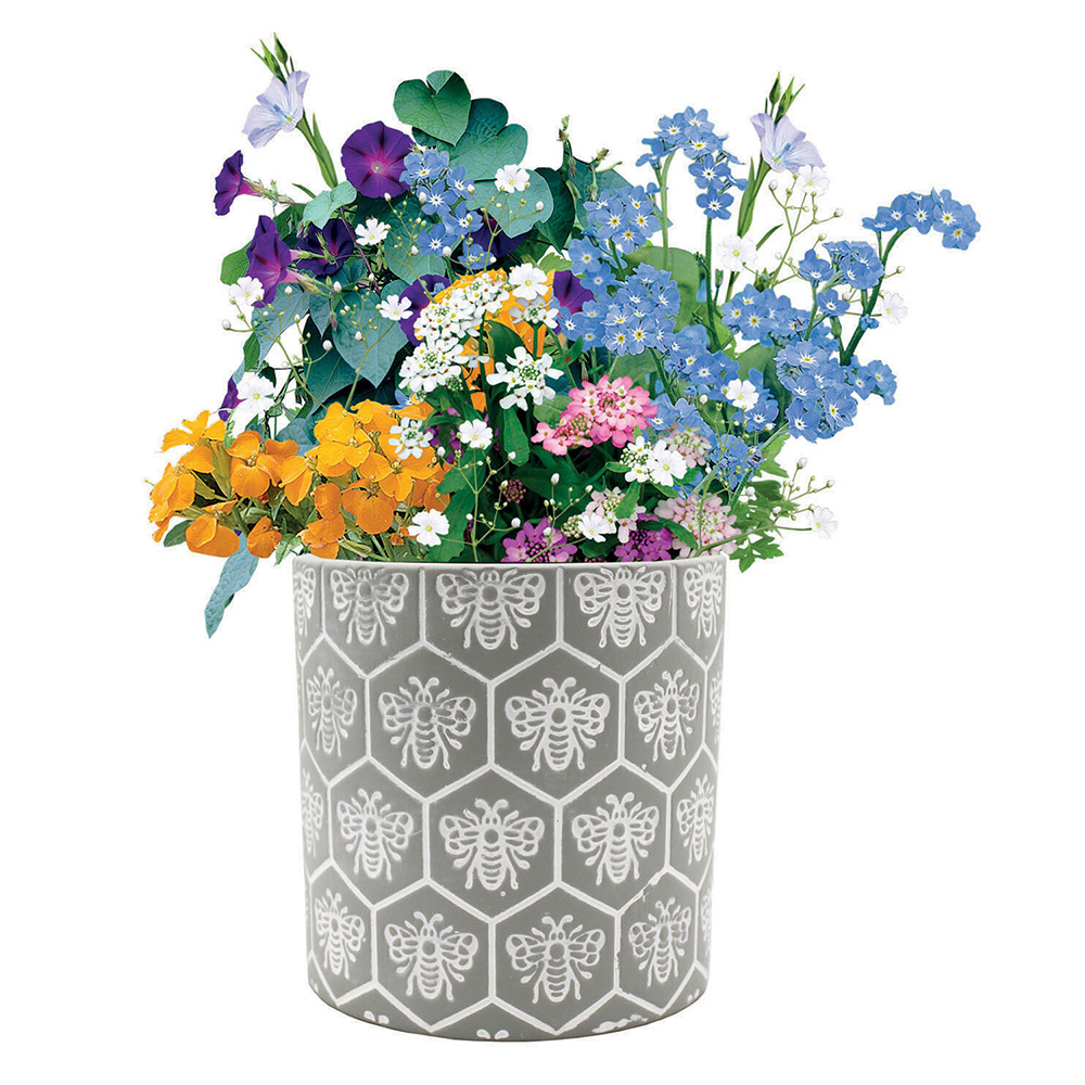 Bee Friends Patterned Ceramic Pot - Grey / Wild Flower Mix Image 3