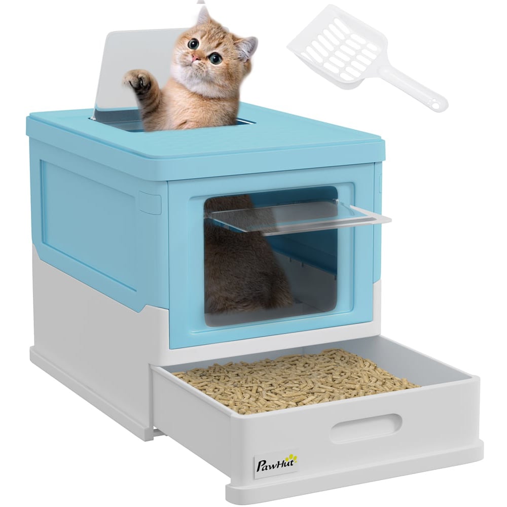 PawHut Light Blue Hooded Cat Litter Box with Scoop and Tray Image 1
