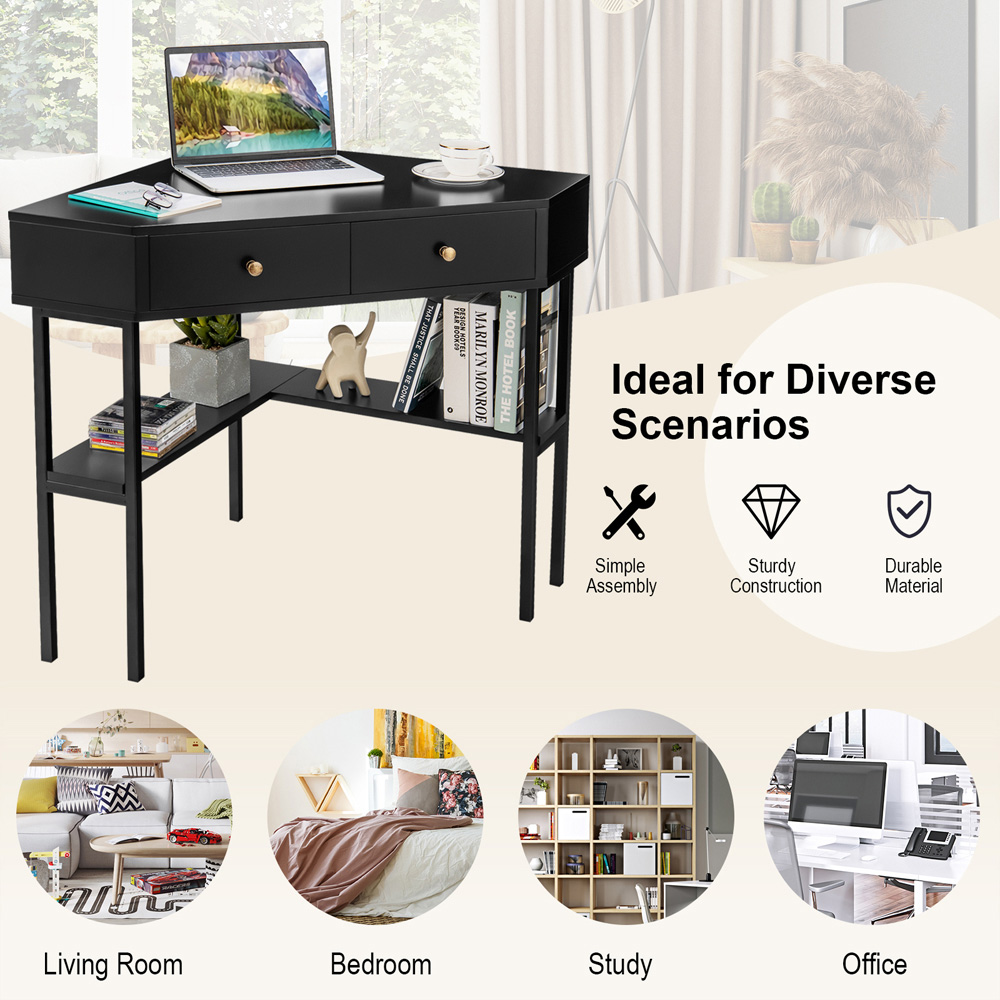 Costway 2 Drawer Single Shelf Triangular Corner Computer Desk Black Image 7