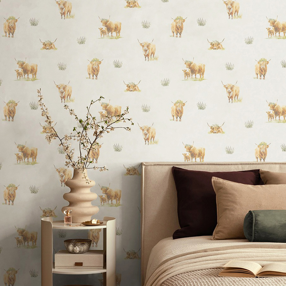 Highland Cattle Wallpaper Cream Image 1