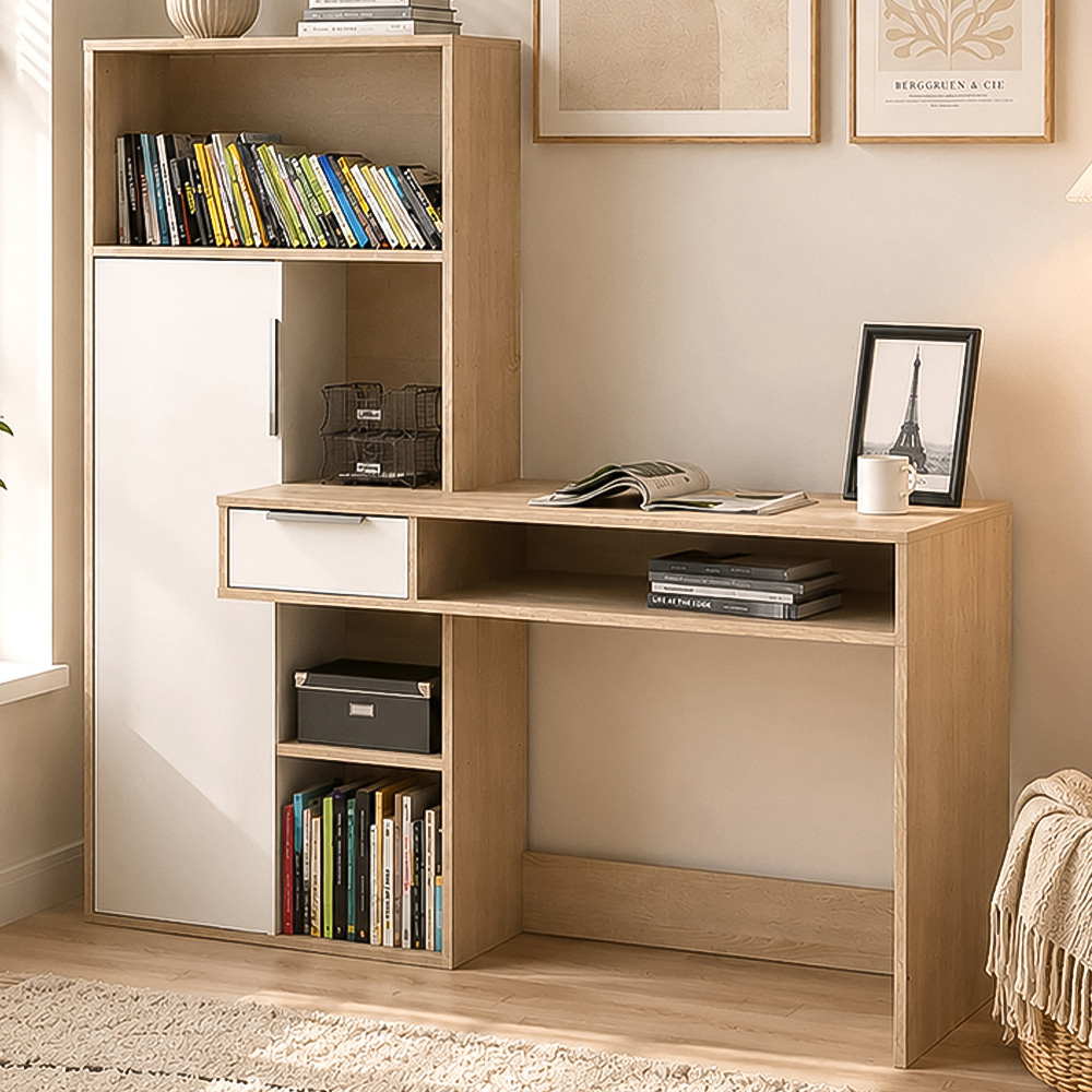 Florence Function Plus Single Door Single Drawer Multifunctional Desk White and Oak Image 1