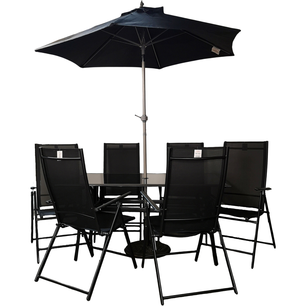 Samuel Alexander 6 Seater Rectangular Outdoor Recliner Dining Set with Black Parasol Image 2