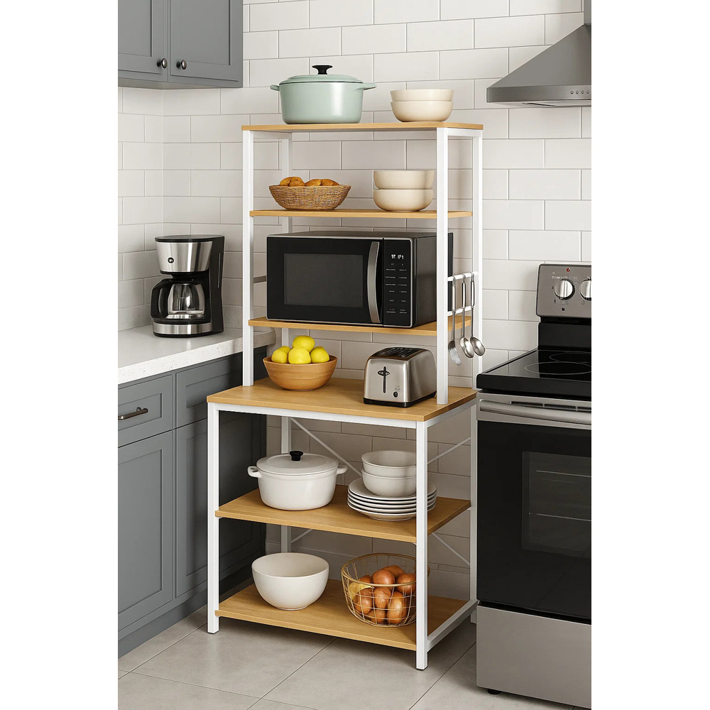 Modcraft 6 Shelf White Kitchen Storage Rack with 6 Hooks Image 2