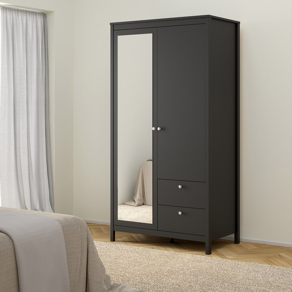 Florence Madrid 2 Door 2 Drawer Matt Black Wardrobe with Mirror Door Image 5