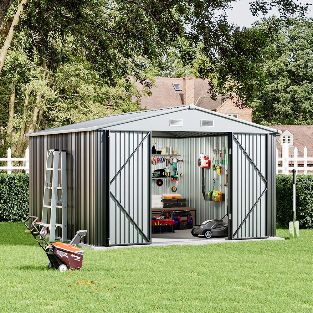 Living and Home 10 x 8ft Grey and White Metal Apex Garden Storage Shed Image 2