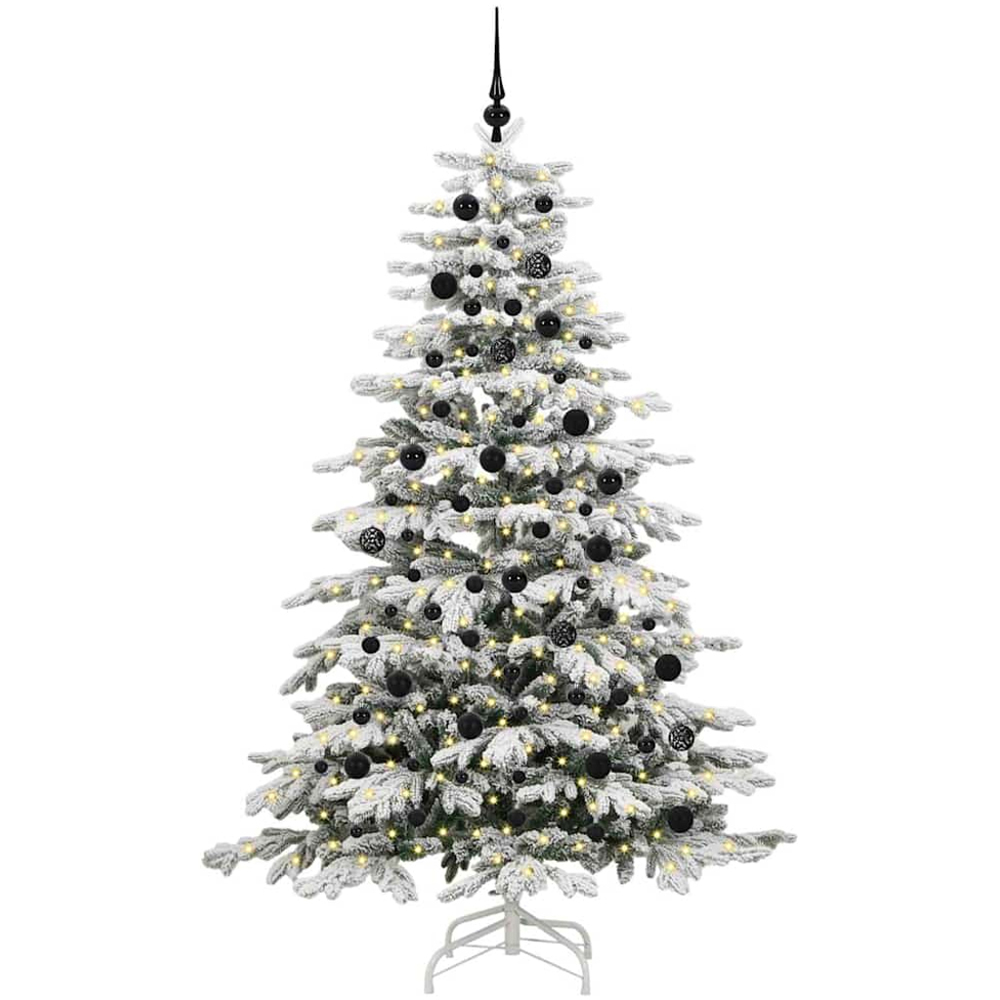 vidaXL Pre-Lit Black Baubles White Artificial Snow Flocked Christmas Tree 7ft Image 1