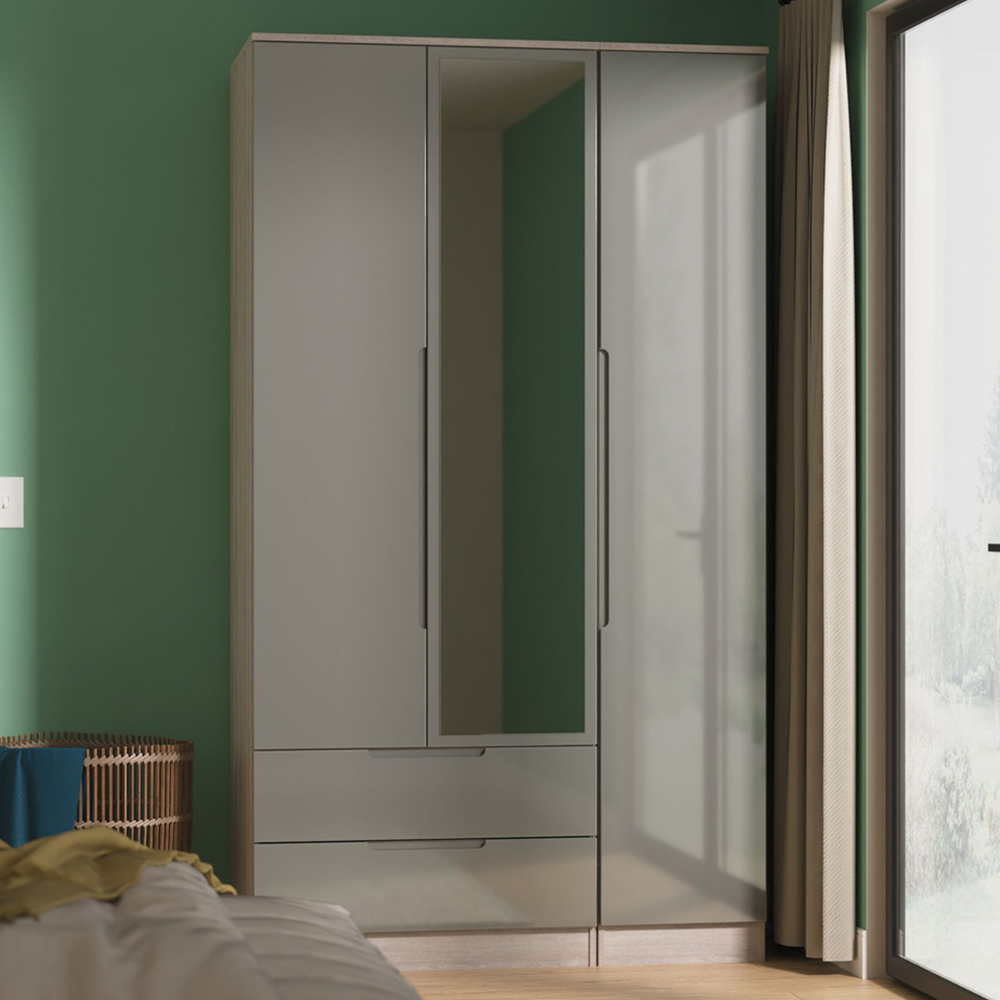 Crowndale Milan 3 Door 2 Drawer Grey Gloss and Grey Oak Tall Mirrored Wardrobe Ready Assembled Image 1