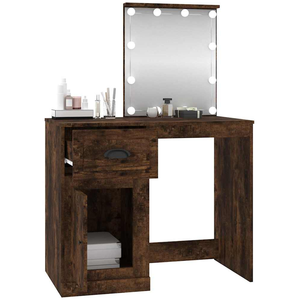 vidaXL Single Door Single Drawer Smoked Oak Dressing Table with LED Mirror Image 5
