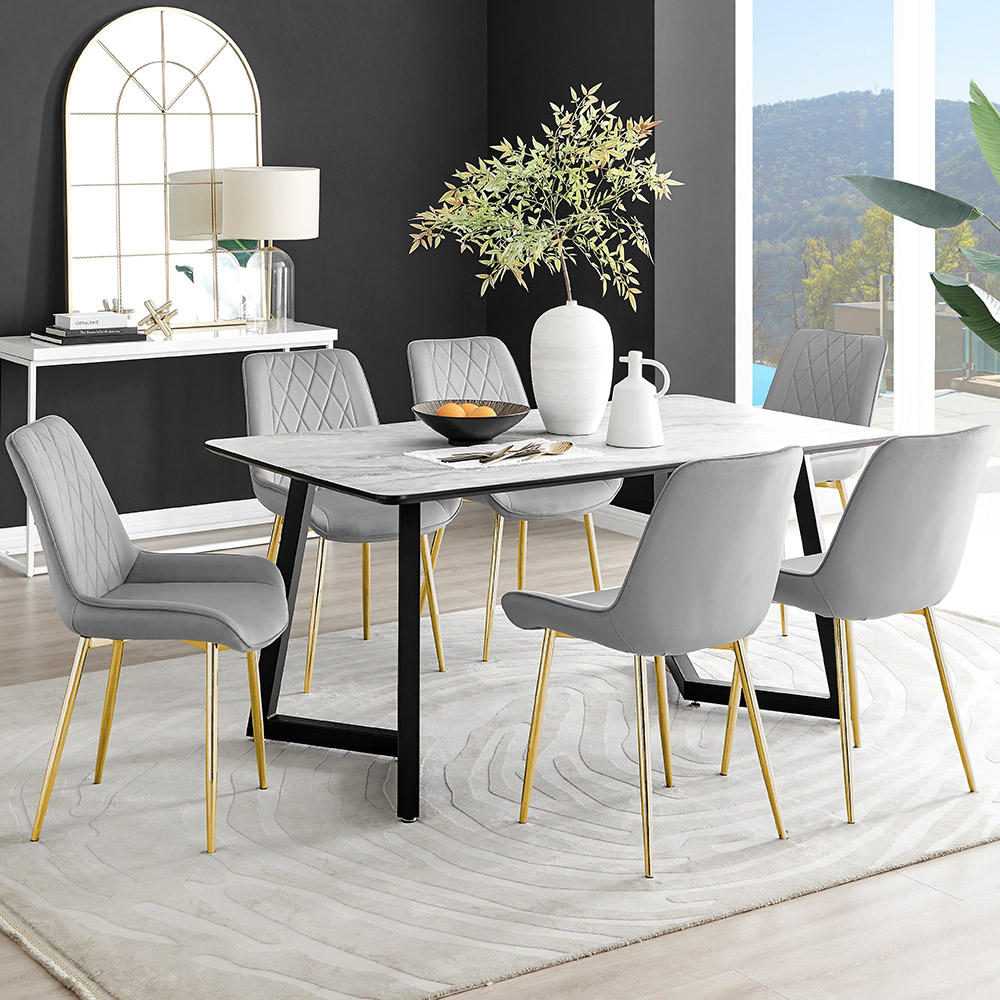 Furniturebox Copeland Cesano Marble Effect 6 Seater Dining Set White Grey and Gold Image 1