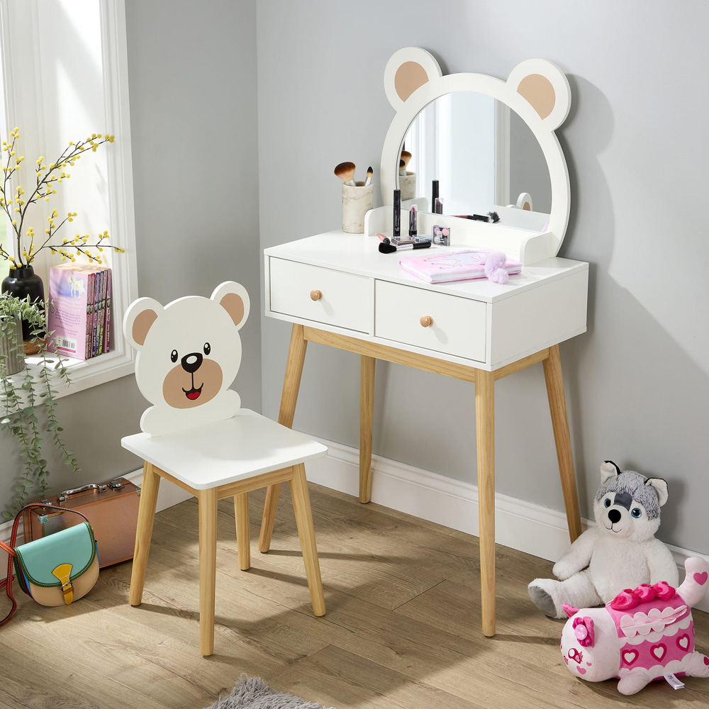 Home Source Ted 2 Drawer White Bear Design Kids Dressing Table Set with Mirror Image 3