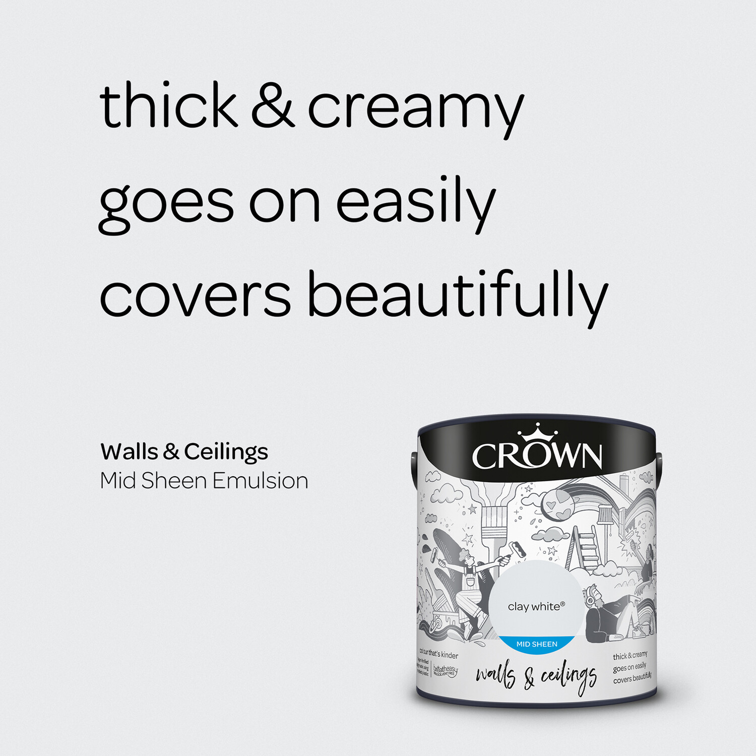 Crown Walls & Ceilings Clay White Mid Sheen Emulsion Paint 2.5L Image 8