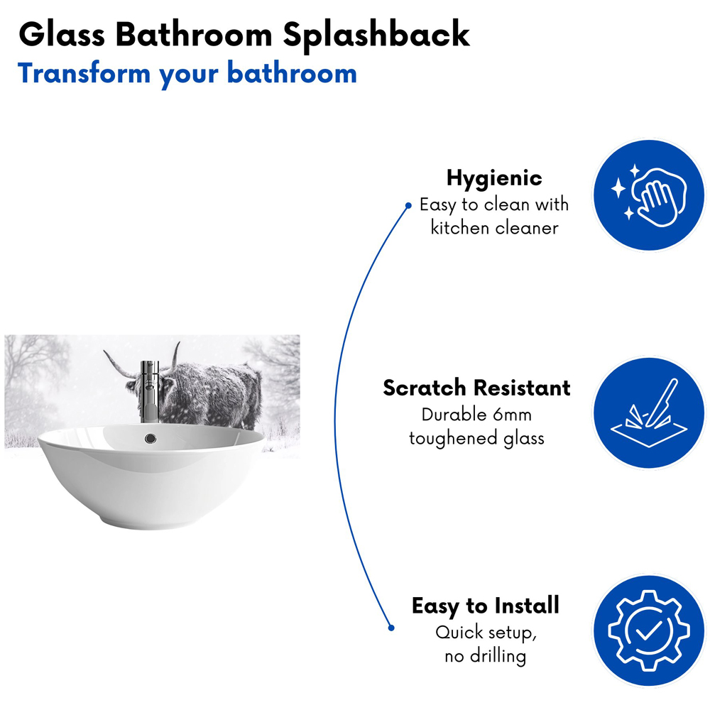 Warren Reed Designer Snowy Black and White Highland Cow Bathroom Splashback 25 x 60cm Image 4