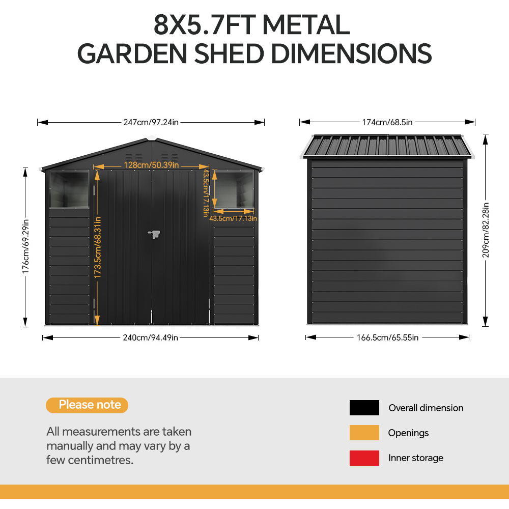 Living and Home 8 x 5.7ft Black Metal Apex Roof Garden Storage Shed Image 8