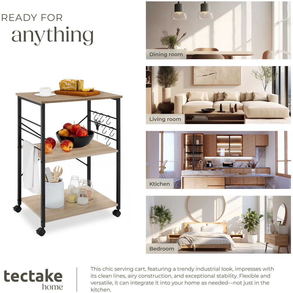 Tectake Rugby 3 Shelf Oak Sonoma Drinks Trolley with Hooks Image 7