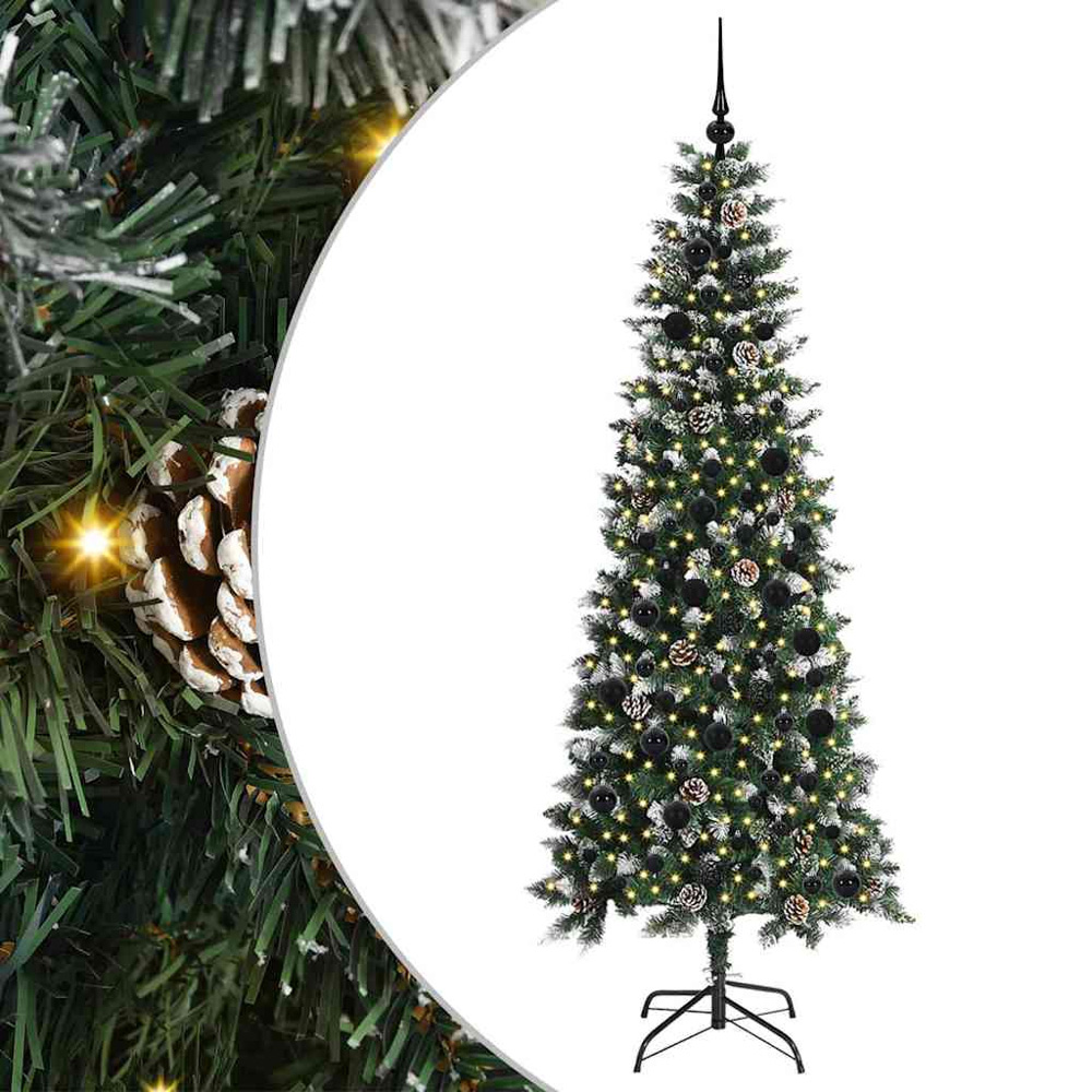 vidaXL Pre-Lit Black Baubles Green Artificial Snow Tipped Christmas Tree 7ft Image 2