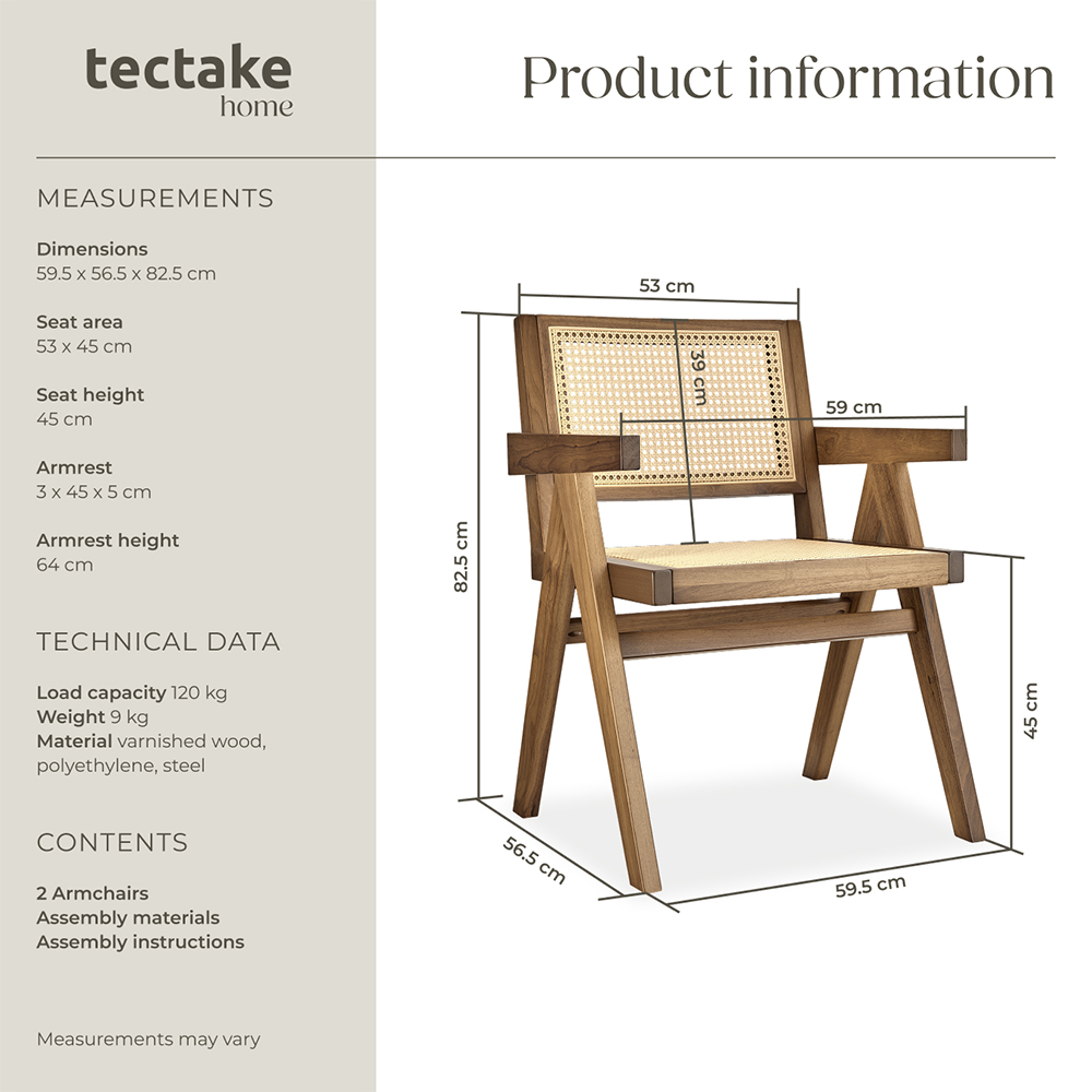 Tectake Lizzy Set of 2 Light Oak Rattan Backrest Dining Chair Image 9