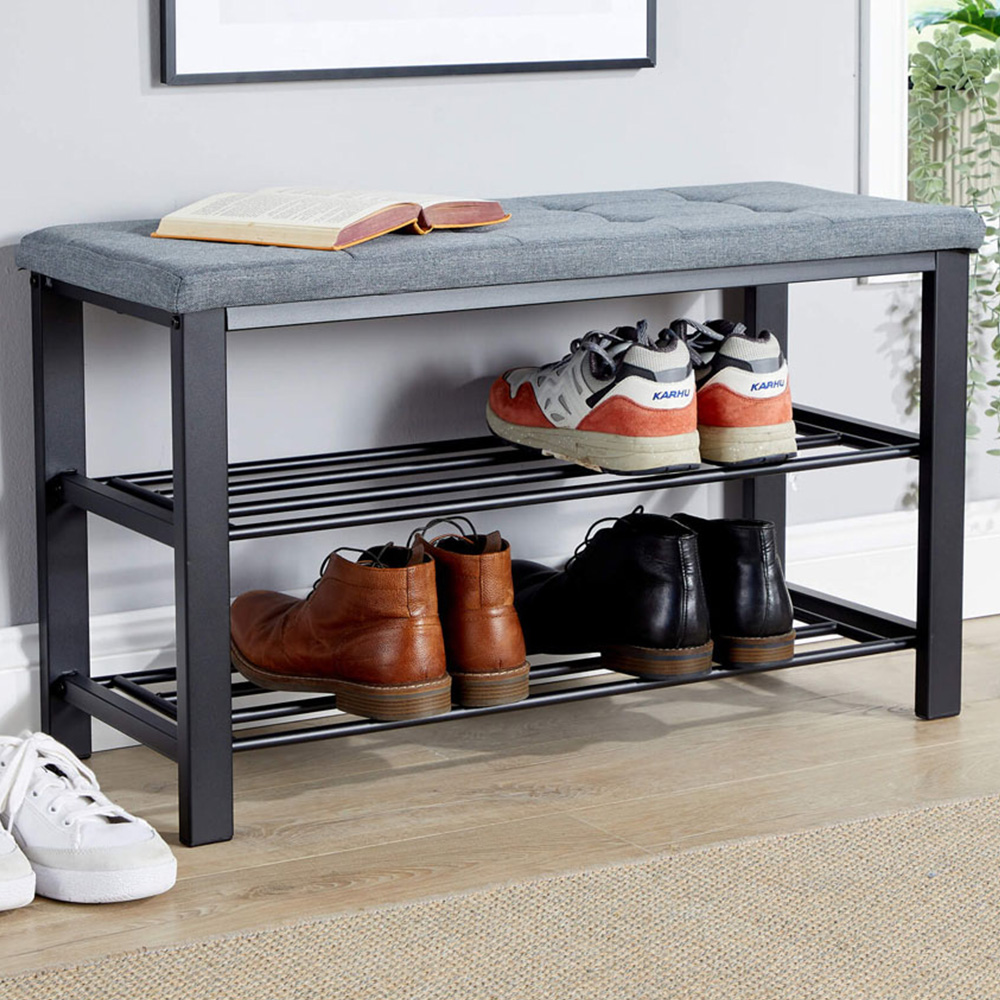 Home Source Sleaford 2 Shelf Grey Linen Upholstered Metal Shoe Bench Image 1