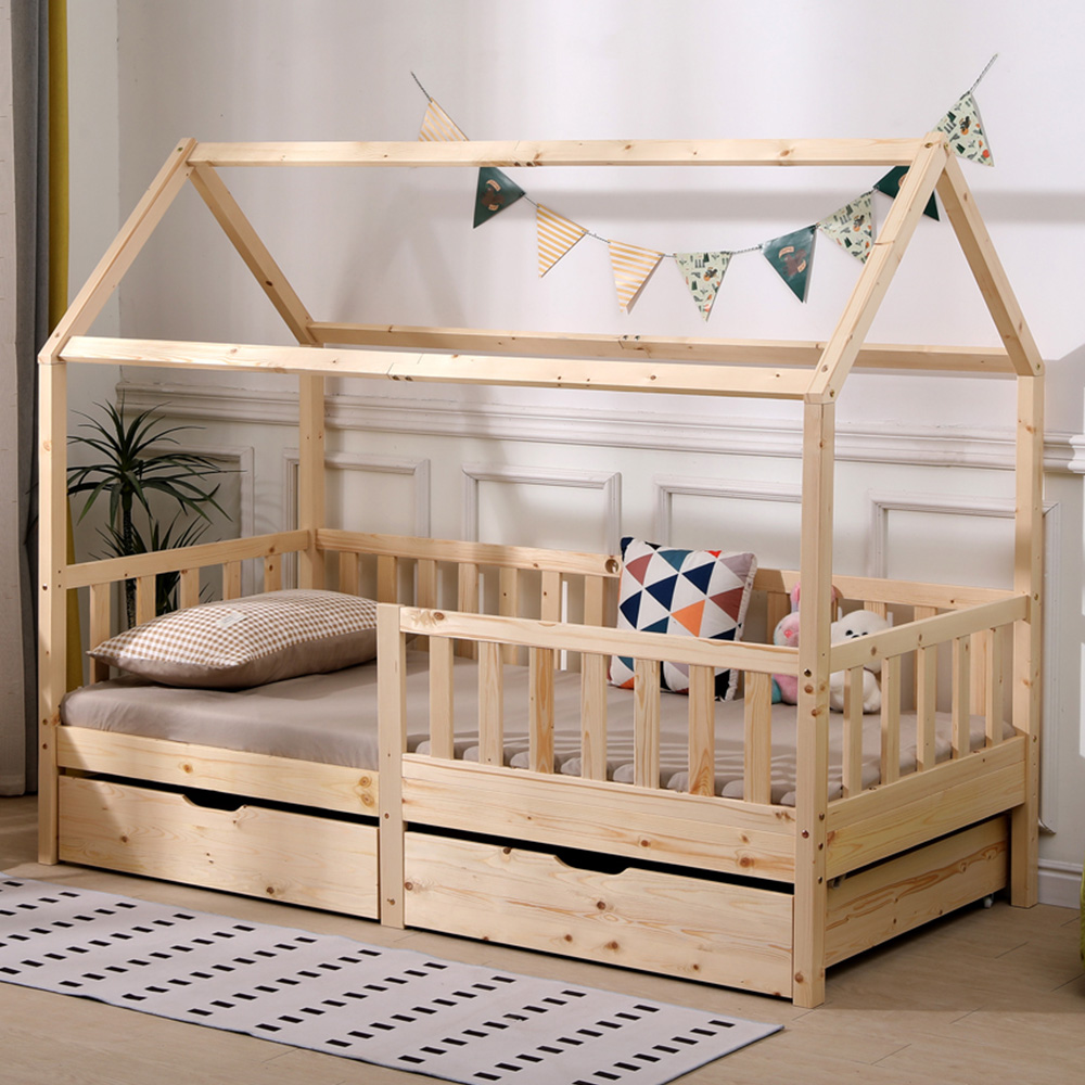 Portland Wood House 2 Drawer Natural Style B Kids Bed Frame Image 1