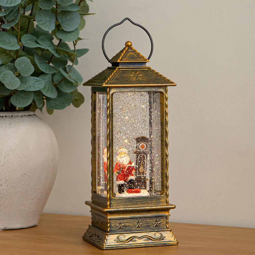 Samuel Alexander Warm White LED Antique Gold Santa and Clock Christmas Water Spinner Lantern 27cm Image 2