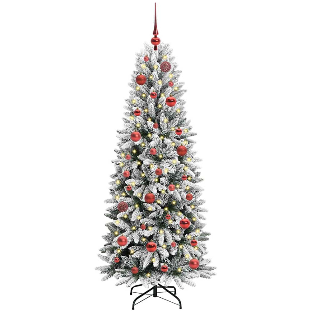 vidaXL Pre-Lit Red Baubles Artificial Snow Flocked Christmas Tree 5ft Image 1