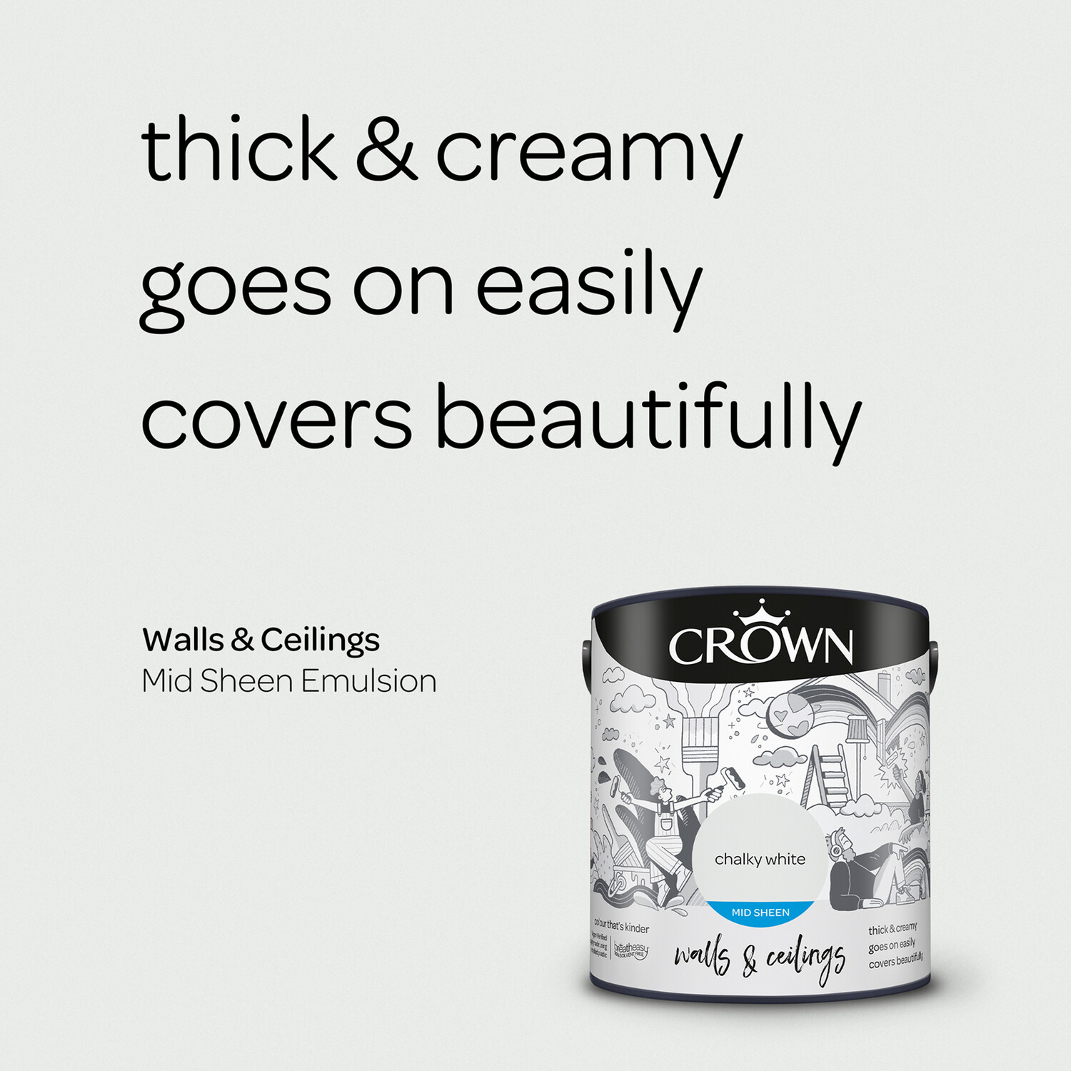 Crown Walls & Ceilings Chalky White Mid Sheen Emulsion Paint 2.5L Image 8