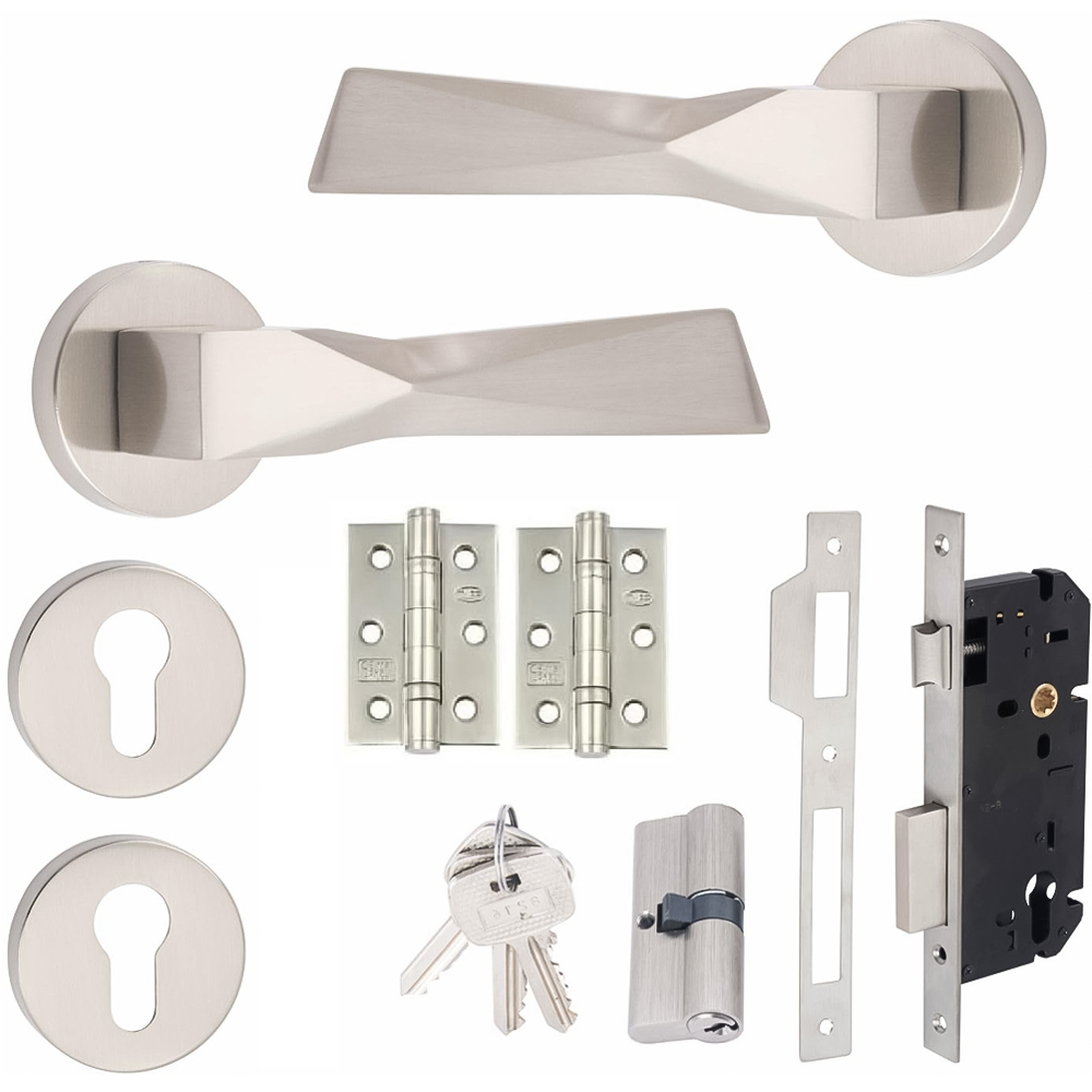 Golden Grace Modern Aura Satin Nickel Euro Lock Door Handles Set Image 1